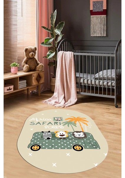Dijital Baskılı Kaymaz Yıkanabilir Otobüs Safari Desen Oval Çocuk Odası Halısı, O-Çocuk-01-Yeşil,