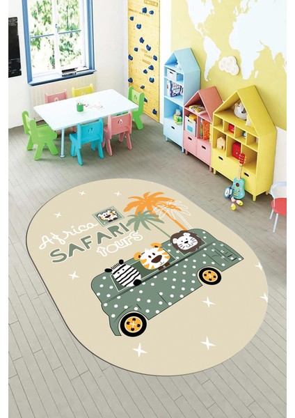 Dijital Baskılı Kaymaz Yıkanabilir Otobüs Safari Desen Oval Çocuk Odası Halısı, O-Çocuk-01-Yeşil, fırsatları