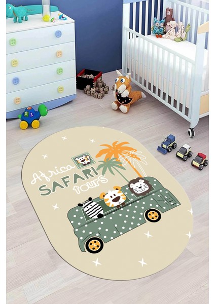 Dijital Baskılı Kaymaz Yıkanabilir Otobüs Safari Desen Oval Çocuk Odası Halısı, O-Çocuk-01-Yeşil, fiyatları