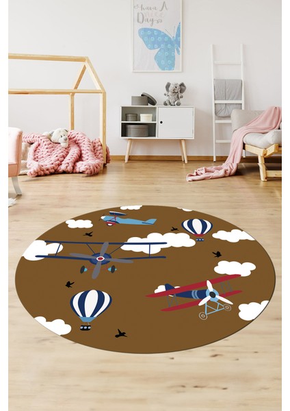 Dijital Kaymaz Yıkanabilir Bulut Uçak Desenli Yuvarlak Çocuk Odası Halısı, Y-Çocuk-23-Kahve, fiyatları