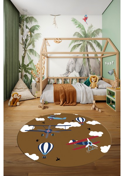 Dijital Kaymaz Yıkanabilir Bulut Uçak Desenli Yuvarlak Çocuk Odası Halısı, Y-Çocuk-23-Kahve, modelleri