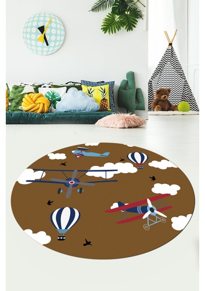 Dijital Kaymaz Yıkanabilir Bulut Uçak Desenli Yuvarlak Çocuk Odası Halısı, Y-Çocuk-23-Kahve, fırsatları