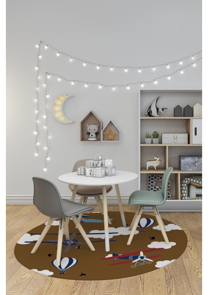 Dijital Kaymaz Yıkanabilir Bulut Uçak Desenli Yuvarlak Çocuk Odası Halısı, Y-Çocuk-23-Kahve, indirimleri