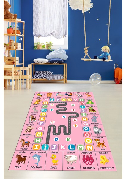 Ingilizce Harf ve Hayvan Temalı Eğitici Çocuk Odası Oyun Halısı, Çocuk-44-Pembe, indirimleri
