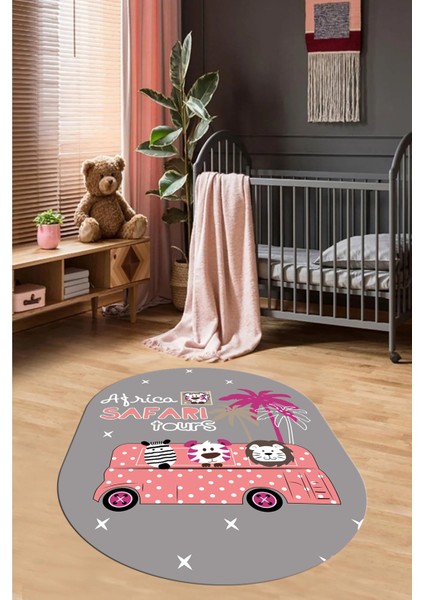 Dijital Baskılı Kaymaz Yıkanabilir Otobüs Safari Desen Oval Çocuk Odası Halısı, O-Çocuk-01-Pembe,