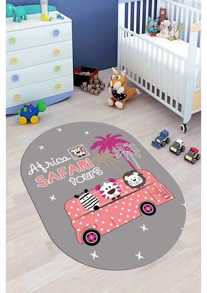 Dijital Baskılı Kaymaz Yıkanabilir Otobüs Safari Desen Oval Çocuk Odası Halısı, O-Çocuk-01-Pembe, fiyatları
