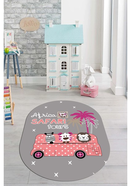 Dijital Baskılı Kaymaz Yıkanabilir Otobüs Safari Desen Oval Çocuk Odası Halısı, O-Çocuk-01-Pembe, modelleri