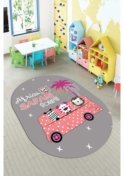 Dijital Baskılı Kaymaz Yıkanabilir Otobüs Safari Desen Oval Çocuk Odası Halısı, O-Çocuk-01-Pembe, fırsatları
