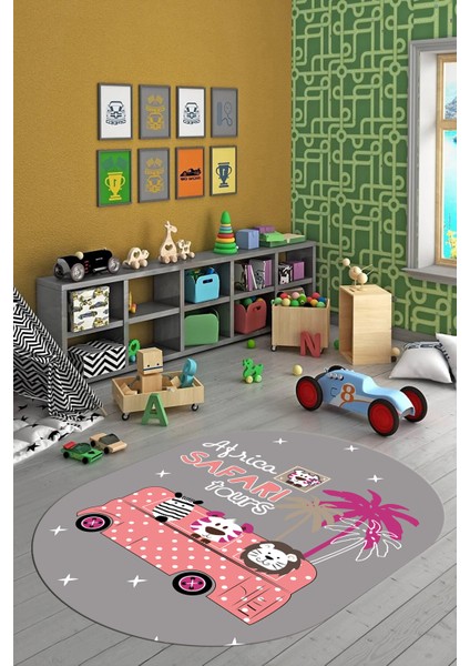 Dijital Baskılı Kaymaz Yıkanabilir Otobüs Safari Desen Oval Çocuk Odası Halısı, O-Çocuk-01-Pembe, indirimleri