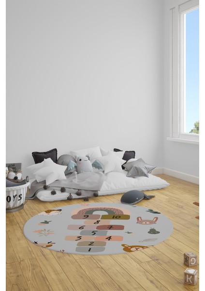 Dijital Kaymaz Yıkanabilir Sek Sek Desen Eğlendirici Yuvarlak Çocuk Halısı, Y-Çocuk-29-Gri, indirimleri