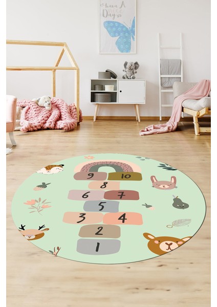 Dijital Kaymaz Yıkanabilir Sek Sek Desen Eğlendirici Yuvarlak Çocuk Halısı, Y-Çocuk-29-Yeşil,