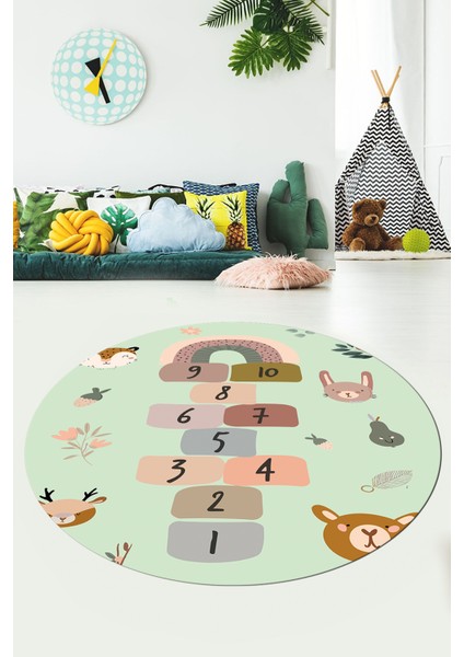 Dijital Kaymaz Yıkanabilir Sek Sek Desen Eğlendirici Yuvarlak Çocuk Halısı, Y-Çocuk-29-Yeşil, modelleri