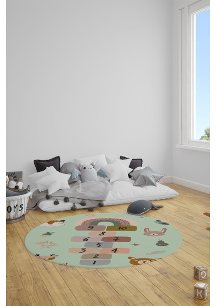 Dijital Kaymaz Yıkanabilir Sek Sek Desen Eğlendirici Yuvarlak Çocuk Halısı, Y-Çocuk-29-Yeşil, indirimleri