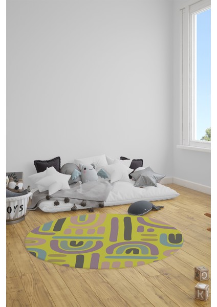 Dijital Baskılı Kaymaz Taban Yıkanabilir Renkli Yuvarlak Çocuk Odası Halısı, Y-Çocuk-26-Sarı,