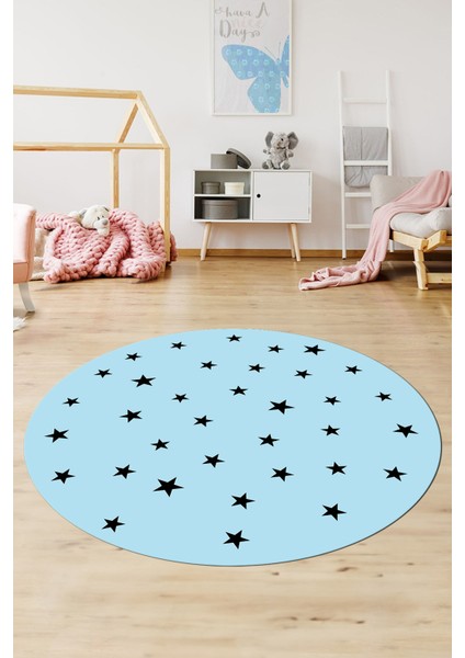 Dijital Kaymaz Yıkanabilir Yıldız Desen Yuvarlak Çocuk Odası Oyun Halısı, Y-Çocuk-32-Mavi,