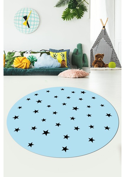 Dijital Kaymaz Yıkanabilir Yıldız Desen Yuvarlak Çocuk Odası Oyun Halısı, Y-Çocuk-32-Mavi, modelleri