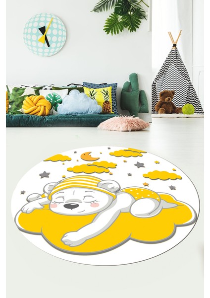 Dijital Kaymaz Yıkanabilir Sevimli Ayıcık Desen Yuvarlak Çocuk Odası Halısı, Y-Çocuk-34-Sarı,