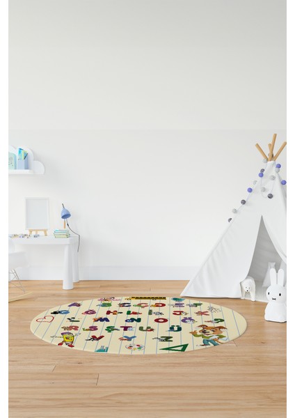 Dijital Kaymaz Yıkanabilir Alfabe Eğitici Yuvarlak Çocuk Odası Oyun Halısı, Y-Çocuk-33-Krem, indirimleri