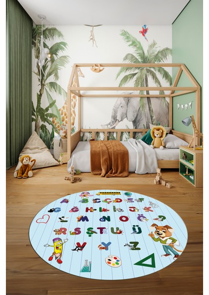 Dijital Kaymaz Yıkanabilir Alfabe Eğitici Yuvarlak Çocuk Odası Oyun Halısı, Y-Çocuk-33-Mavi,