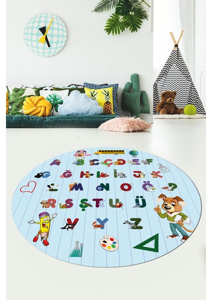 Dijital Kaymaz Yıkanabilir Alfabe Eğitici Yuvarlak Çocuk Odası Oyun Halısı, Y-Çocuk-33-Mavi, fiyatları