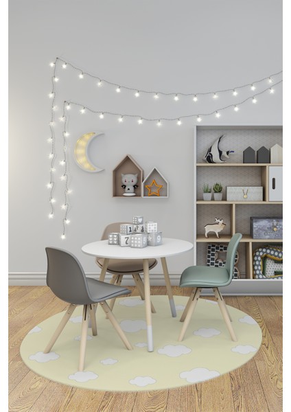Dijital Baskılı Kaymaz Yıkanabilir Bulut Desenli Yuvarlak Çocuk Odası Halısı, Y-Çocuk-08-Sarı,