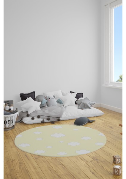 Dijital Baskılı Kaymaz Yıkanabilir Bulut Desenli Yuvarlak Çocuk Odası Halısı, Y-Çocuk-08-Sarı, fiyatları
