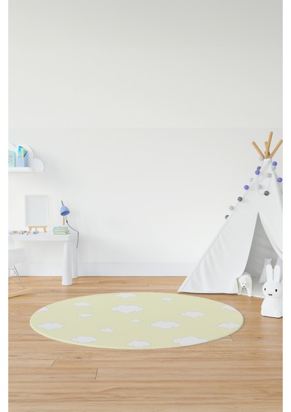 Dijital Baskılı Kaymaz Yıkanabilir Bulut Desenli Yuvarlak Çocuk Odası Halısı, Y-Çocuk-08-Sarı, modelleri