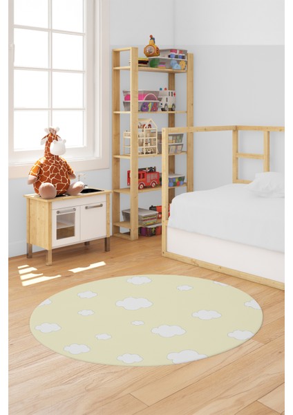 Dijital Baskılı Kaymaz Yıkanabilir Bulut Desenli Yuvarlak Çocuk Odası Halısı, Y-Çocuk-08-Sarı, fırsatları