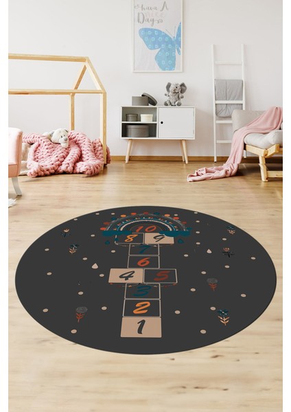 Dijital Kaymaz Yıkanabilir Sek Sek Eğlendirici Yuvarlak Çocuk Odası Halısı, Y-Çocuk-30-Antrasit,