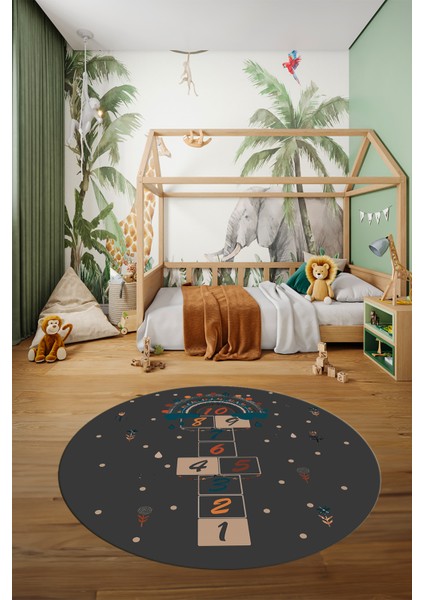 Dijital Kaymaz Yıkanabilir Sek Sek Eğlendirici Yuvarlak Çocuk Odası Halısı, Y-Çocuk-30-Antrasit, fiyatları