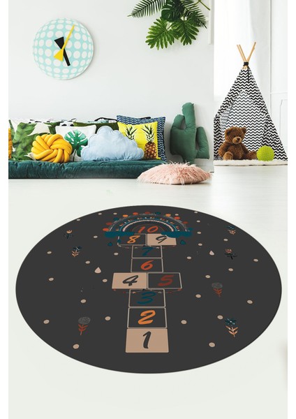Dijital Kaymaz Yıkanabilir Sek Sek Eğlendirici Yuvarlak Çocuk Odası Halısı, Y-Çocuk-30-Antrasit, modelleri