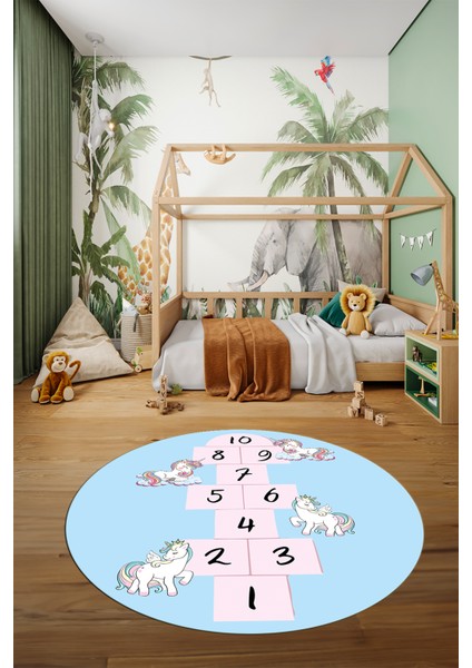 Unicornlu Seksek Desen Yıkanabilir Eğlenceli Yuvarlak Çocuk Odası Oyun Halısı, Y-Çocuk-37-Mavi,