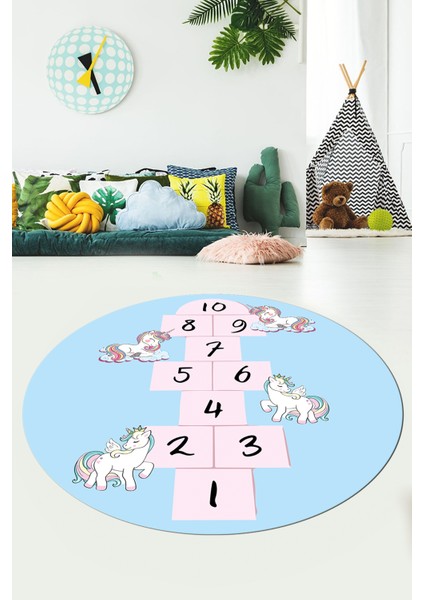 Unicornlu Seksek Desen Yıkanabilir Eğlenceli Yuvarlak Çocuk Odası Oyun Halısı, Y-Çocuk-37-Mavi, fiyatları