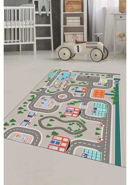 Trafik Yollu Arabalı Yıkanabilir Eğlendirici Çocuk Odası Oyun Halısı, Çocuk-47-Gri,