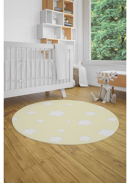 Dijital Baskılı Kaymaz Yıkanabilir Bulut Desenli Yuvarlak Çocuk Odası Halısı, Y-Çocuk-08-Sarı, indirimleri