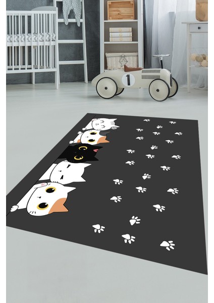Sevimli Kediler Baskılı Yıkanabilir Kaymaz Çocuk Odası Halısı, Çocuk-49-Antrasit, fiyatları
