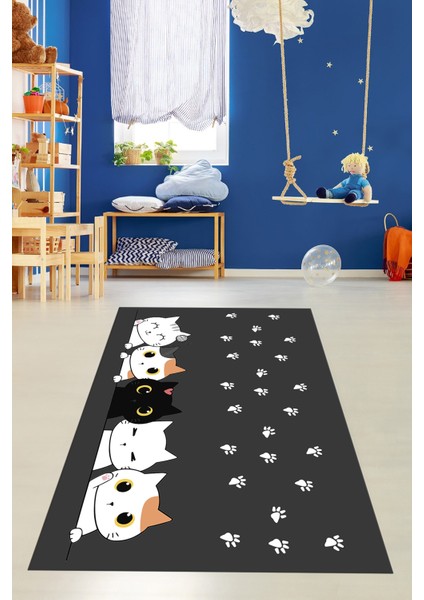 Sevimli Kediler Baskılı Yıkanabilir Kaymaz Çocuk Odası Halısı, Çocuk-49-Antrasit, fırsatları