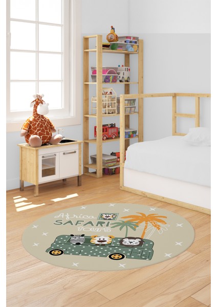 Dijital Kaymaz Yıkanabilir Otobüs Safari Desenli Yuvarlak Çocuk Odası Halısı, Y-Çocuk-01-Yeşil, fırsatları
