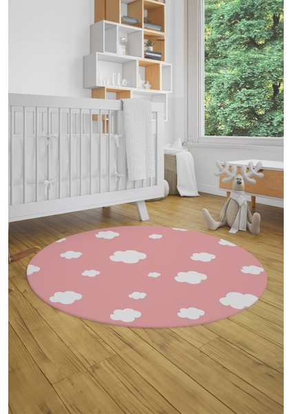 Dijital Baskılı Kaymaz Yıkanabilir Bulut Desenli Yuvarlak Çocuk Odası Halısı, Y-Çocuk-08-Pembe, indirimleri