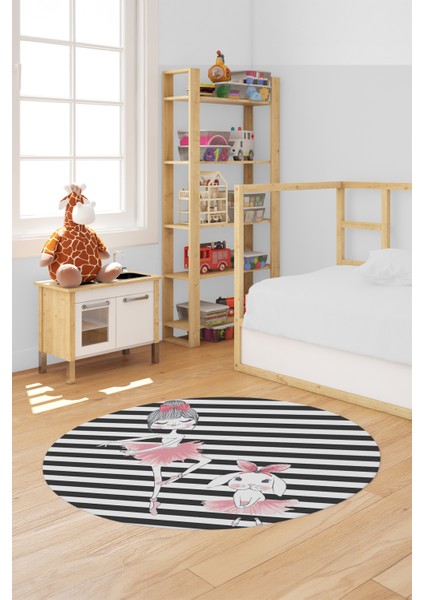 Dijital Kaymaz Yıkanabilir Balerin Kız Desenli Yuvarlak Çocuk Odası Halısı, Y-Çocuk-09-Antrasit,