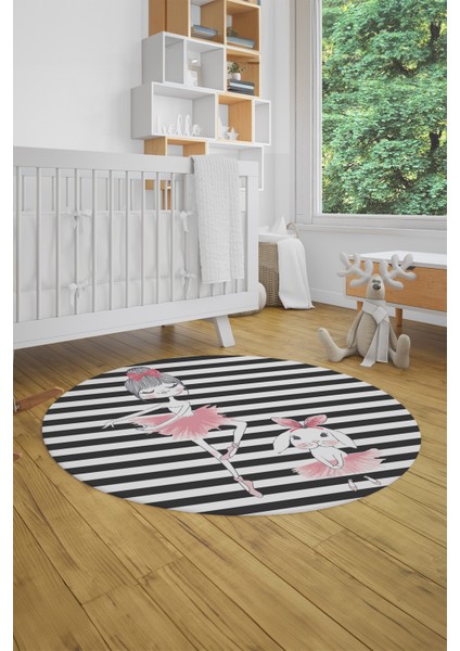 Dijital Kaymaz Yıkanabilir Balerin Kız Desenli Yuvarlak Çocuk Odası Halısı, Y-Çocuk-09-Antrasit, fiyatları