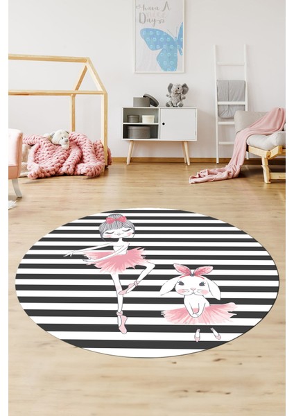 Dijital Kaymaz Yıkanabilir Balerin Kız Desenli Yuvarlak Çocuk Odası Halısı, Y-Çocuk-09-Antrasit, modelleri