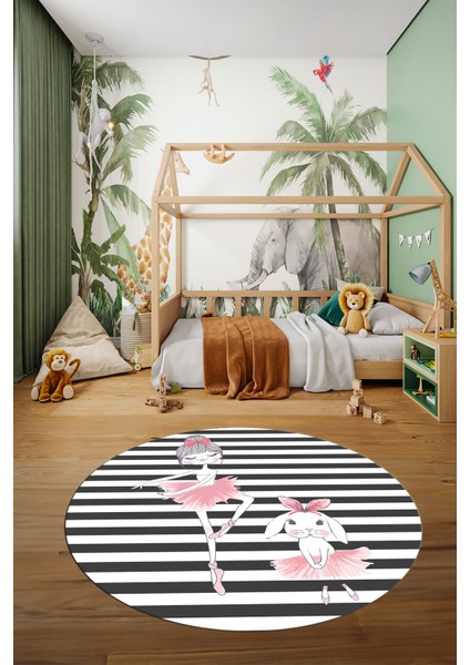 Dijital Kaymaz Yıkanabilir Balerin Kız Desenli Yuvarlak Çocuk Odası Halısı, Y-Çocuk-09-Antrasit, fırsatları