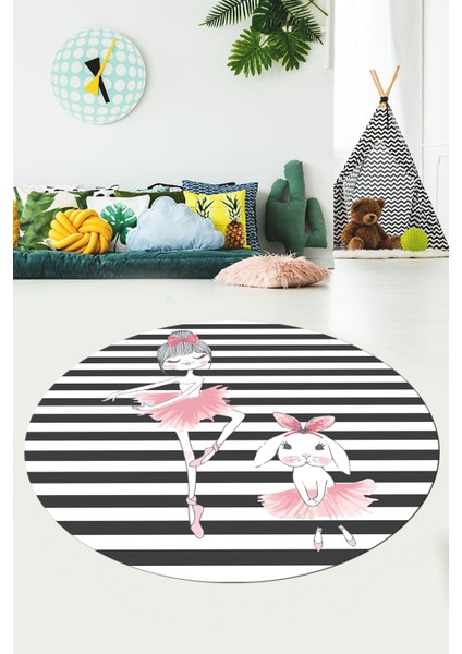 Dijital Kaymaz Yıkanabilir Balerin Kız Desenli Yuvarlak Çocuk Odası Halısı, Y-Çocuk-09-Antrasit, indirimleri