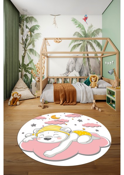 Dijital Kaymaz Yıkanabilir Sevimli Ayıcık Desen Yuvarlak Çocuk Odası Halısı, Y-Çocuk-34-Pembe,