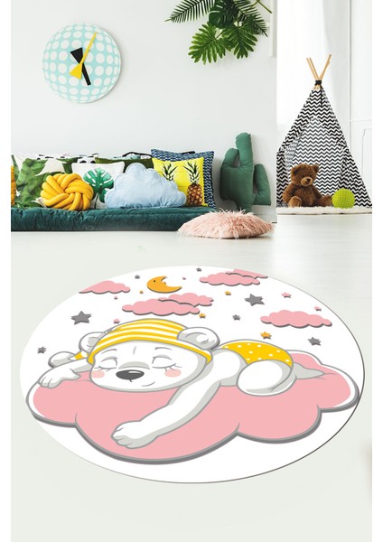 Dijital Kaymaz Yıkanabilir Sevimli Ayıcık Desen Yuvarlak Çocuk Odası Halısı, Y-Çocuk-34-Pembe, fiyatları
