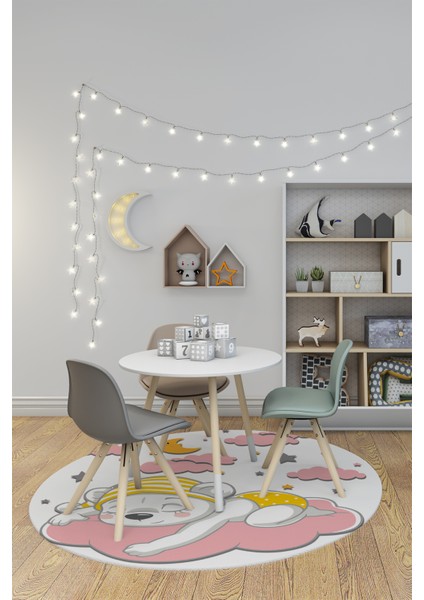 Dijital Kaymaz Yıkanabilir Sevimli Ayıcık Desen Yuvarlak Çocuk Odası Halısı, Y-Çocuk-34-Pembe, modelleri