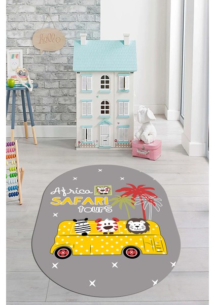 Dijital Baskılı Kaymaz Yıkanabilir Otobüs Safari Desen Oval Çocuk Odası Halısı, O-Çocuk-01-Sarı, modelleri