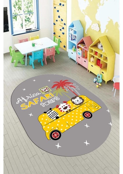 Dijital Baskılı Kaymaz Yıkanabilir Otobüs Safari Desen Oval Çocuk Odası Halısı, O-Çocuk-01-Sarı, fırsatları