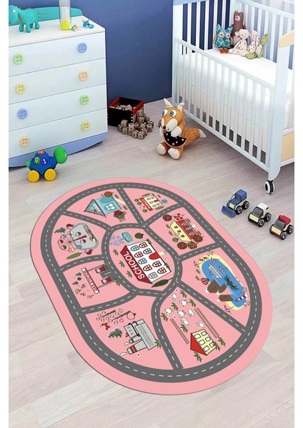 Dijital Baskılı Kaymaz Yıkanabilir Trafik Araba Yollu Oval Çocuk Odası Halısı, O-Çocuk-02-Pembe, fiyatları